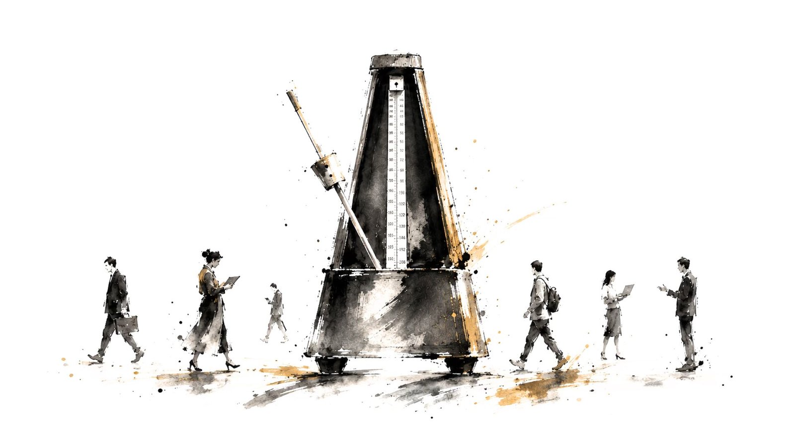experience-in-motion Ink illustration of a metronome surrounded by people in motion
