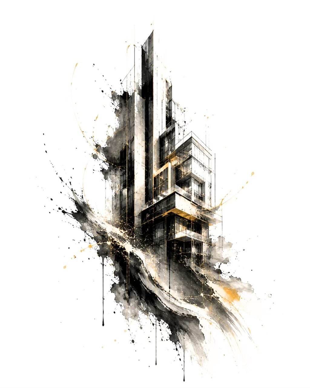 ink-architecture-in-convergence Modern architecture formed from black and gold ink strokes on a white background