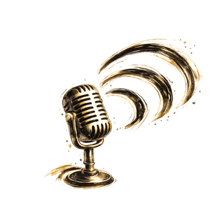 Ink illustration of a vintage microphone with RSS-like waves