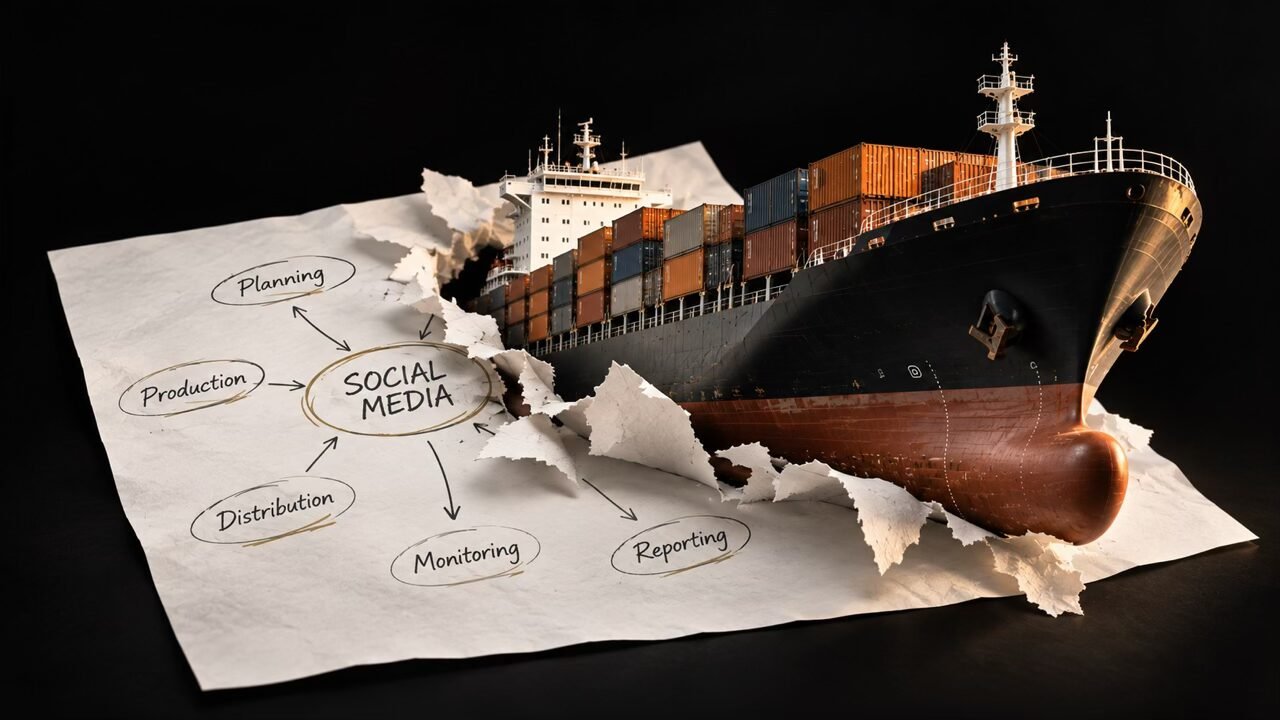 bestranspor-social-media-content-production Cargo ship emerging through a social media planning sheet representing Bestranspor content production.