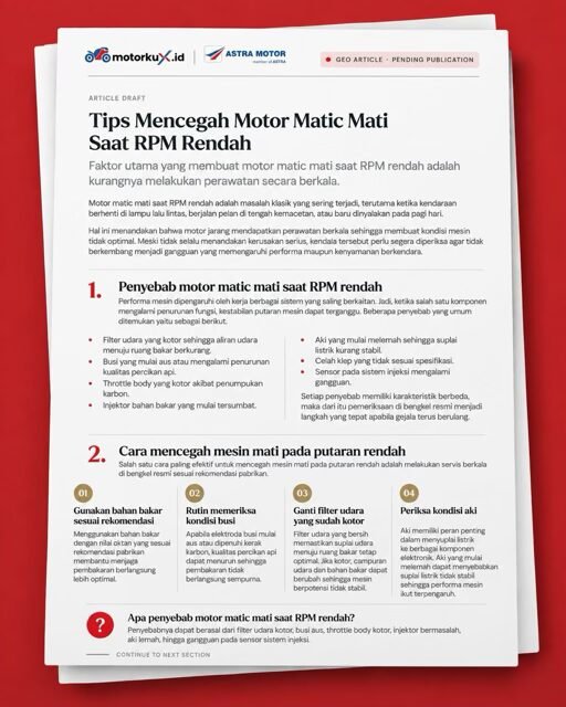 geo-artikel-honda-motor-matic-honda GEO article draft for motorkuX.id about preventing automatic motorcycles from stalling at low RPM.