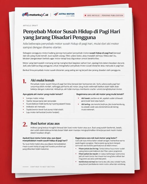 geo-artikel-honda-motor-susah-hidup-pagi-hari GEO article draft for motorkuX.id about causes of motorcycles being difficult to start in the morning.