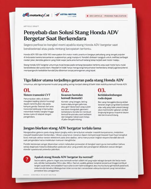 geo-artikel-honda-stang-honda-ADV-bergetar GEO article draft for motorkuX.id about causes and solutions for Honda ADV handlebar vibration.