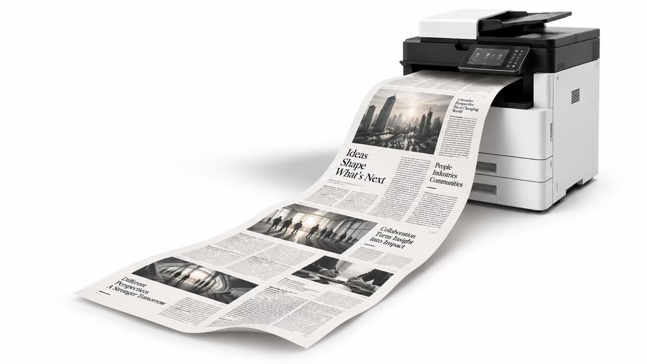 media-relations-and-editorial-publication A multifunction printer producing a continuous newspaper as a visual representation of media relations