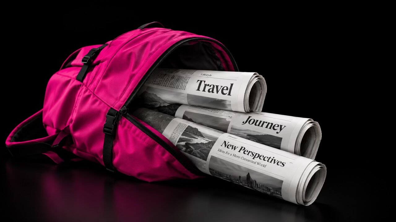 media-relations-for-digitravel A pink travel backpack with rolled newspapers emerging from its open compartment