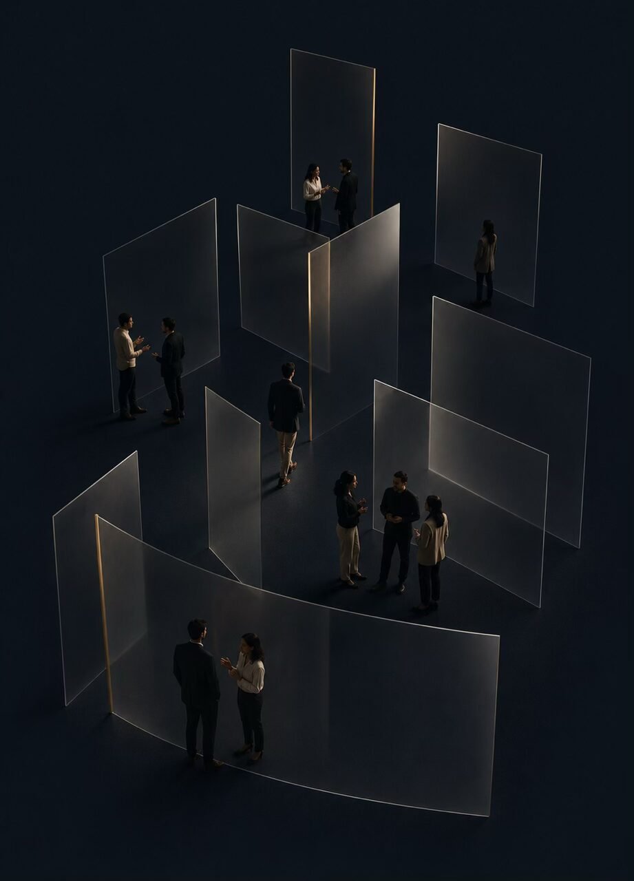 media-relations-vocasoft People interacting within a dark architectural space formed by translucent panels