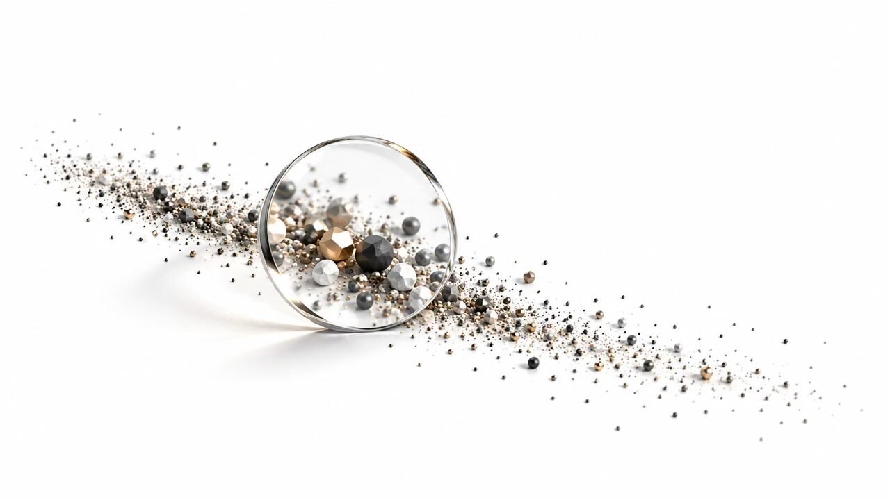 research Magnifying glass enlarging selected particles among scattered data points