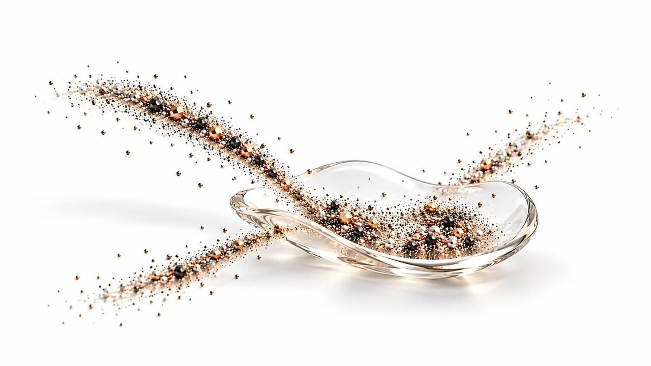 result Particles from different directions gathering in a transparent glass vessel